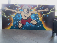 844149 Afbeelding van het paneel gemaakt door graffitikunstenaar 'Melo' dat geveild gaat worden, opgesteld op de ...